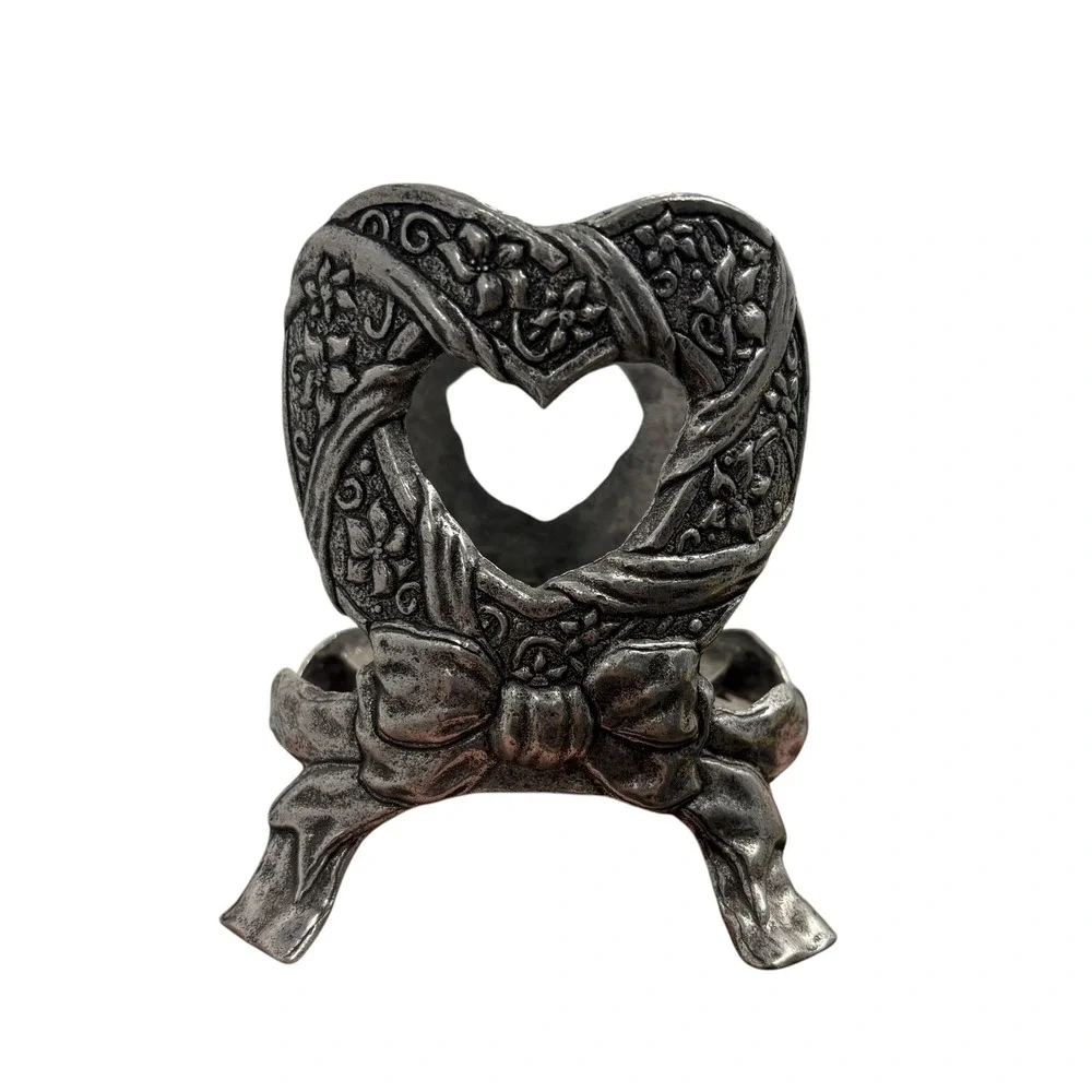 Wickens & Sticks Pewter Heart‎ Candle Holder Bow Ribbon Floral Accent Decor VTG